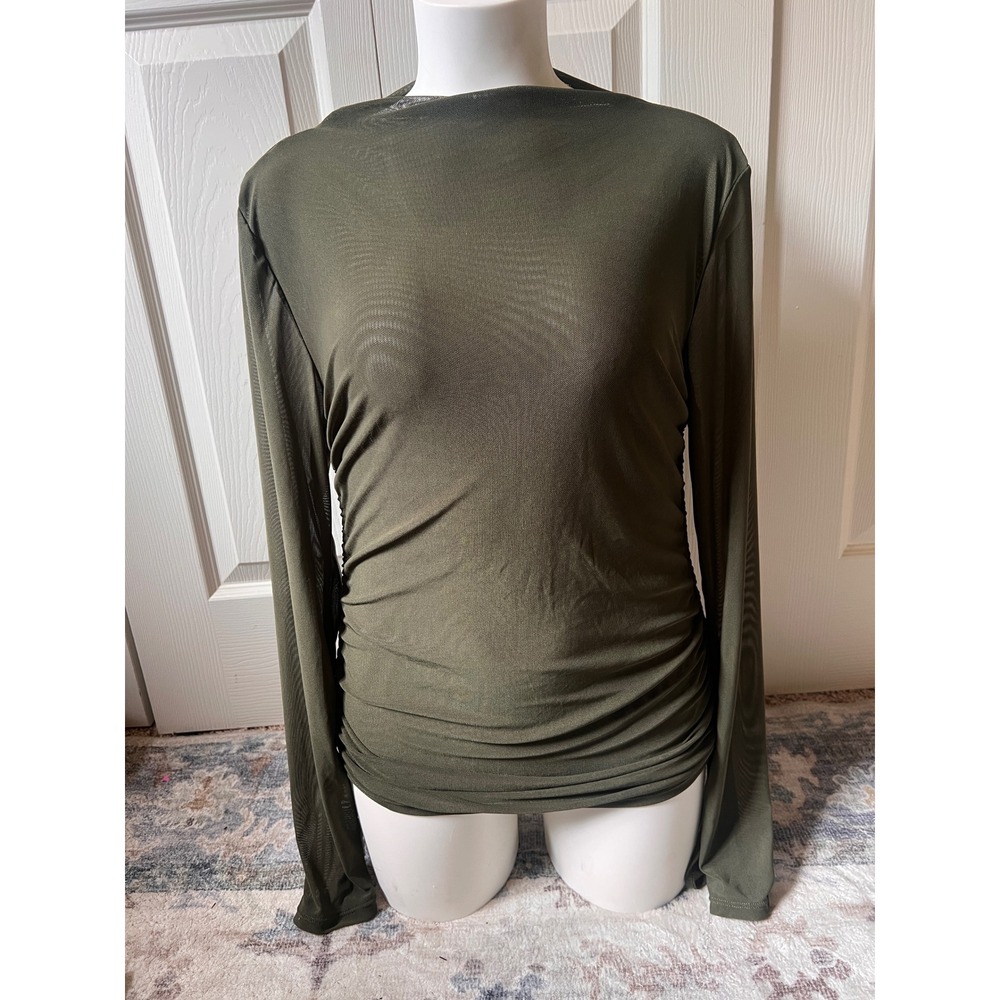 Blue Blossom Olive Green Sheer Mesh Ruched Side Long Sleeve Top Medium